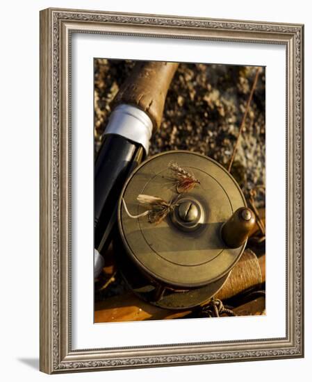 Traditional Brass Fishing Reel Fitted to a Split-Cane Fly Rod with Trout Fishing Flies, UK-John Warburton-lee-Framed Photographic Print