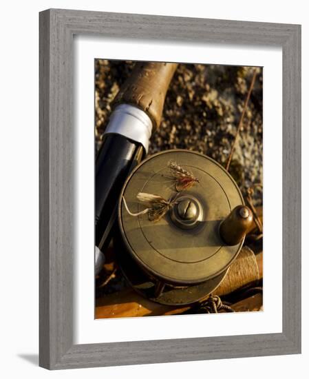 Traditional Brass Fishing Reel Fitted to a Split-Cane Fly Rod with Trout Fishing Flies, UK-John Warburton-lee-Framed Photographic Print