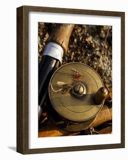 Traditional Brass Fishing Reel Fitted to a Split-Cane Fly Rod with Trout Fishing Flies, UK-John Warburton-lee-Framed Photographic Print