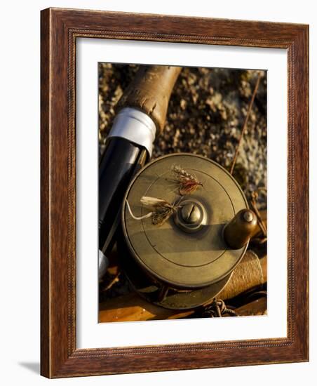 Traditional Brass Fishing Reel Fitted to a Split-Cane Fly Rod with Trout Fishing Flies, UK-John Warburton-lee-Framed Photographic Print