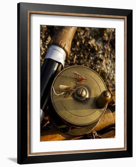 Traditional Brass Fishing Reel Fitted to a Split-Cane Fly Rod with Trout Fishing Flies, UK-John Warburton-lee-Framed Photographic Print