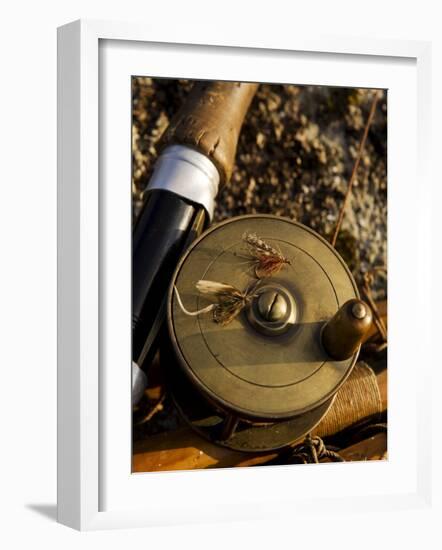 Traditional Brass Fishing Reel Fitted to a Split-Cane Fly Rod with Trout Fishing Flies, UK-John Warburton-lee-Framed Photographic Print