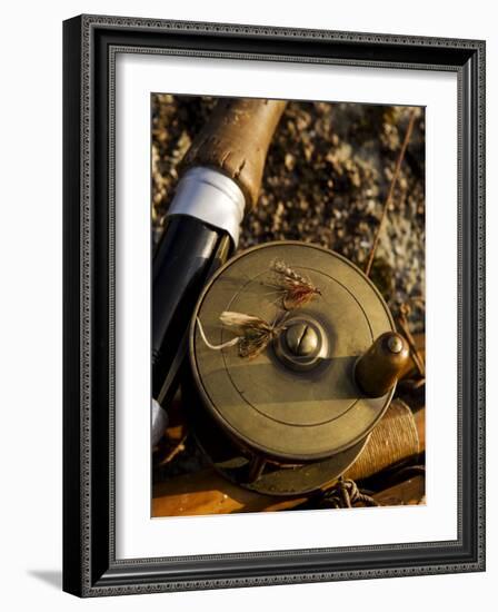 Traditional Brass Fishing Reel Fitted to a Split-Cane Fly Rod with Trout Fishing Flies, UK-John Warburton-lee-Framed Photographic Print