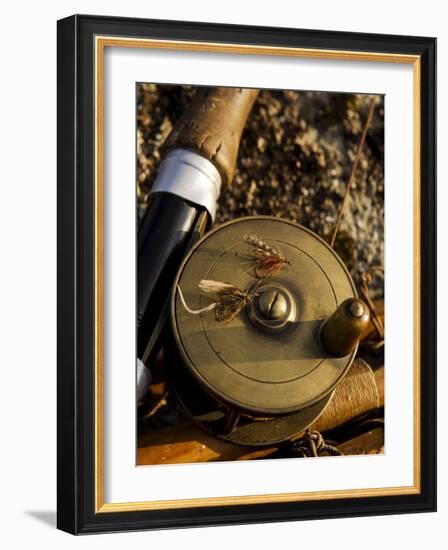 Traditional Brass Fishing Reel Fitted to a Split-Cane Fly Rod with Trout Fishing Flies, UK-John Warburton-lee-Framed Photographic Print