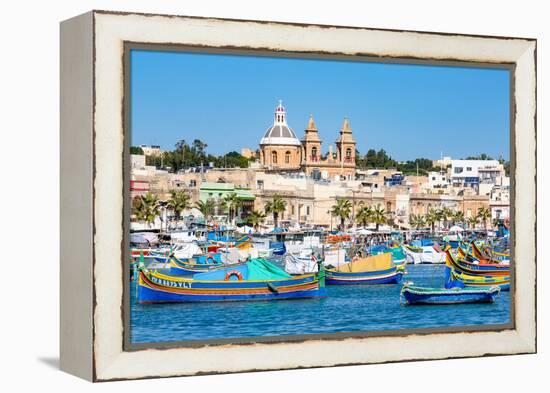 Traditional brightly painted fishing boats in the harbour at Marsaxlokk, Malta, Mediterranean, Euro-Martin Child-Framed Premier Image Canvas