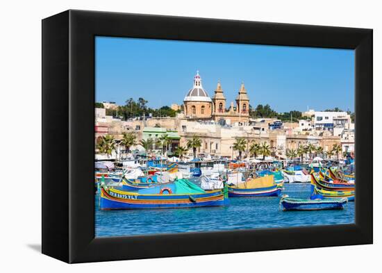 Traditional brightly painted fishing boats in the harbour at Marsaxlokk, Malta, Mediterranean, Euro-Martin Child-Framed Premier Image Canvas