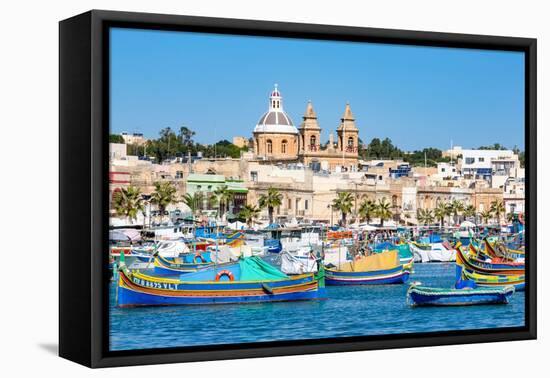 Traditional brightly painted fishing boats in the harbour at Marsaxlokk, Malta, Mediterranean, Euro-Martin Child-Framed Premier Image Canvas