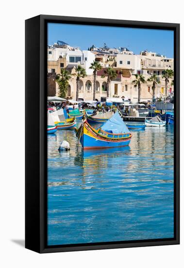 Traditional brightly painted fishing boats in the harbour at Marsaxlokk, Malta, Mediterranean, Euro-Martin Child-Framed Premier Image Canvas