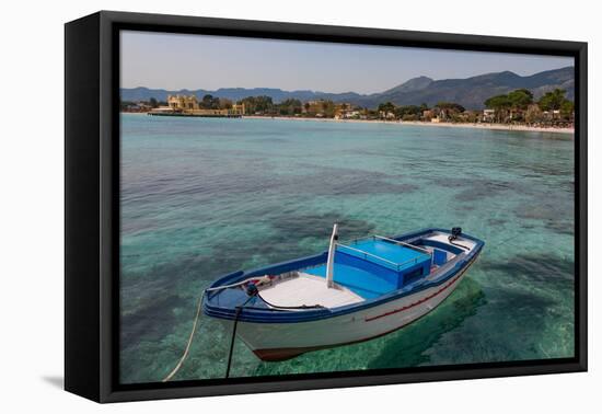 Traditional Colourful Fishing Boat Moored at the Seaside Resort of Mondello, Sicily, Italy-Martin Child-Framed Premier Image Canvas