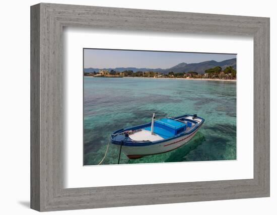 Traditional Colourful Fishing Boat Moored at the Seaside Resort of Mondello, Sicily, Italy-Martin Child-Framed Photographic Print