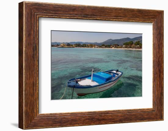 Traditional Colourful Fishing Boat Moored at the Seaside Resort of Mondello, Sicily, Italy-Martin Child-Framed Photographic Print