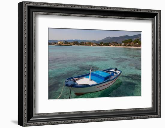 Traditional Colourful Fishing Boat Moored at the Seaside Resort of Mondello, Sicily, Italy-Martin Child-Framed Photographic Print