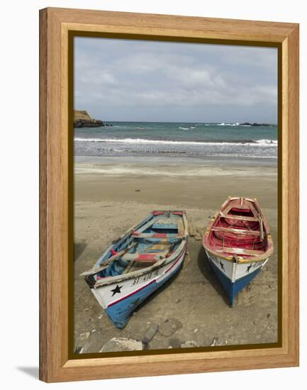 Traditional fishing boats on the beach of Praia Baixo. Santiago Island, Cape Verde-Martin Zwick-Framed Premier Image Canvas