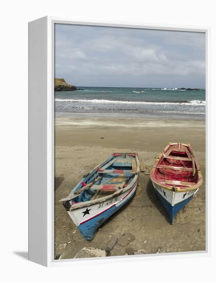 Traditional fishing boats on the beach of Praia Baixo. Santiago Island, Cape Verde-Martin Zwick-Framed Premier Image Canvas
