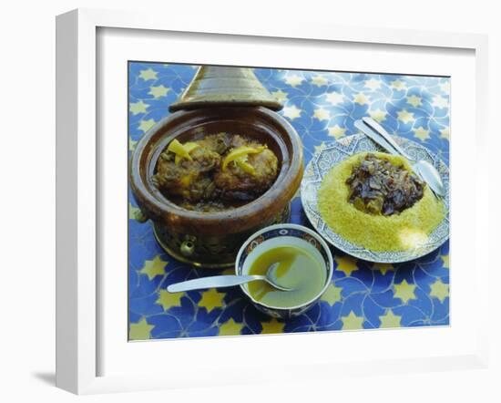 Traditional Food Including Chicken Tajine and Lamb with Couscous, Marrakech (Marrakesh), Morocco-Lee Frost-Framed Photographic Print