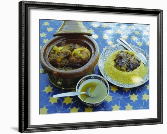 Traditional Food Including Chicken Tajine and Lamb with Couscous, Marrakech (Marrakesh), Morocco-Lee Frost-Framed Photographic Print