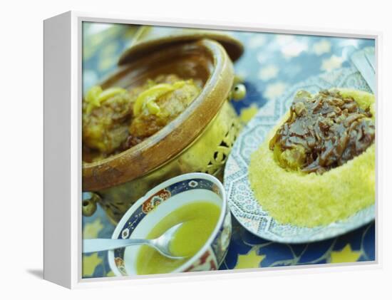 Traditional Food of Chicken Tagine, and Lamb with Cous Cous, Marrakech, Morocco-Lee Frost-Framed Premier Image Canvas