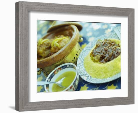 Traditional Food of Chicken Tagine, and Lamb with Cous Cous, Marrakech, Morocco-Lee Frost-Framed Photographic Print