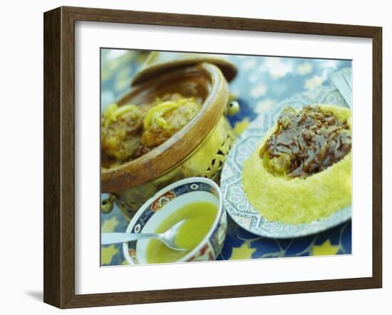 Traditional Food of Chicken Tagine, and Lamb with Cous Cous, Marrakech, Morocco-Lee Frost-Framed Photographic Print