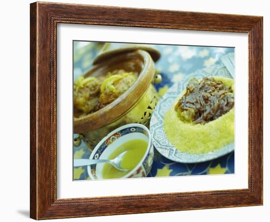 Traditional Food of Chicken Tagine, and Lamb with Cous Cous, Marrakech, Morocco-Lee Frost-Framed Photographic Print