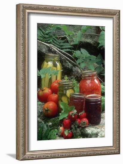 Traditional Homemade Pickles, Tomatoes, and Fruit Jam-null-Framed Photographic Print