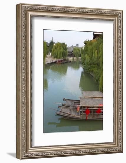 Traditional houses and boats on the Grand Canal, Taierzhuang Ancient Town, China-Keren Su-Framed Photographic Print