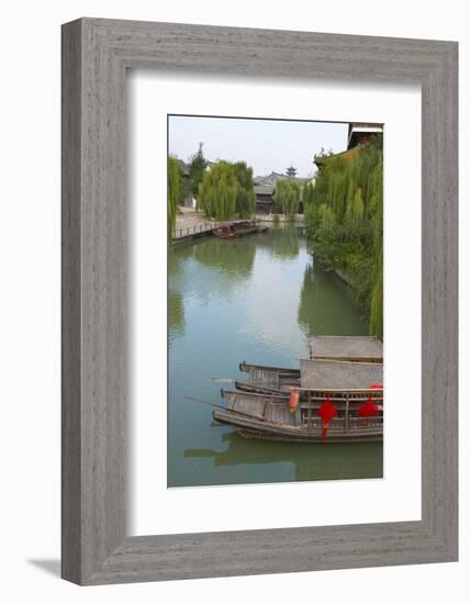 Traditional houses and boats on the Grand Canal, Taierzhuang Ancient Town, China-Keren Su-Framed Photographic Print