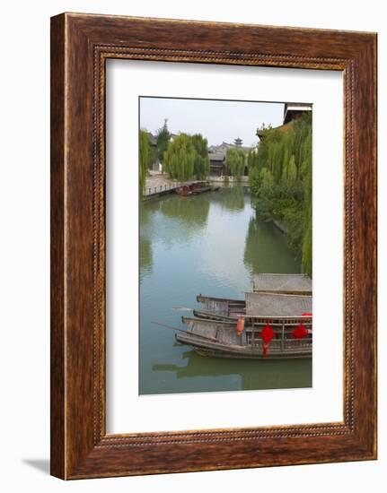 Traditional houses and boats on the Grand Canal, Taierzhuang Ancient Town, China-Keren Su-Framed Photographic Print