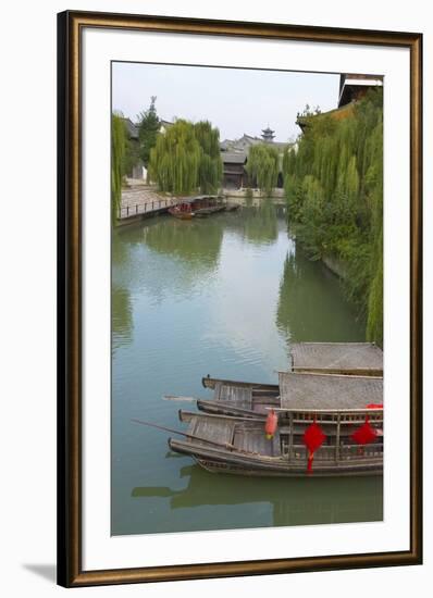 Traditional houses and boats on the Grand Canal, Taierzhuang Ancient Town, China-Keren Su-Framed Premium Photographic Print