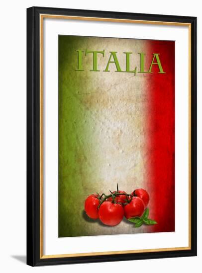 Traditional Italian Flag With Tomatoes And Basil-pongiluppi-Framed Art Print