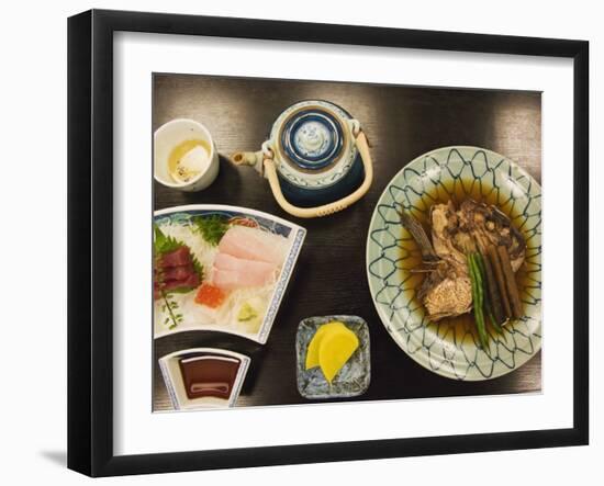 Traditional Japanese Meal of Sushi and Fish Head, Tokyo, Honshu Island, Japan-Kober Christian-Framed Photographic Print