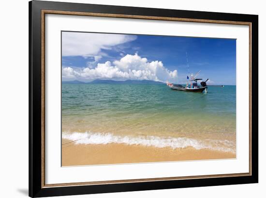 Traditional Long-Tailed Fishing Boat Moored Off Maenam Beach on the North Coast of Koh Samui-Lee Frost-Framed Photographic Print