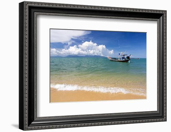 Traditional Long-Tailed Fishing Boat Moored Off Maenam Beach on the North Coast of Koh Samui-Lee Frost-Framed Photographic Print