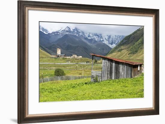 Traditional medieval Svanetian tower houses, Ushguli village, Shkhara Moutains behind, Svaneti regi-G&M Therin-Weise-Framed Photographic Print