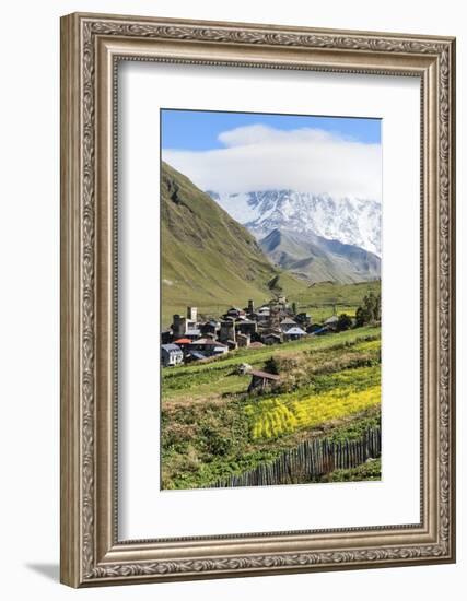 Traditional medieval Svanetian tower houses, Ushguli village, Shkhara Moutains behind, Svaneti regi-G&M Therin-Weise-Framed Photographic Print