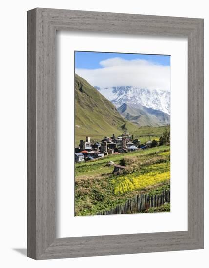 Traditional medieval Svanetian tower houses, Ushguli village, Shkhara Moutains behind, Svaneti regi-G&M Therin-Weise-Framed Photographic Print