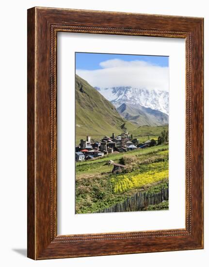 Traditional medieval Svanetian tower houses, Ushguli village, Shkhara Moutains behind, Svaneti regi-G&M Therin-Weise-Framed Photographic Print