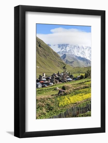 Traditional medieval Svanetian tower houses, Ushguli village, Shkhara Moutains behind, Svaneti regi-G&M Therin-Weise-Framed Photographic Print