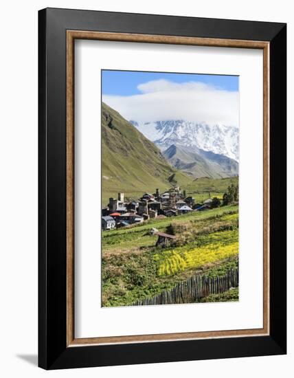 Traditional medieval Svanetian tower houses, Ushguli village, Shkhara Moutains behind, Svaneti regi-G&M Therin-Weise-Framed Photographic Print