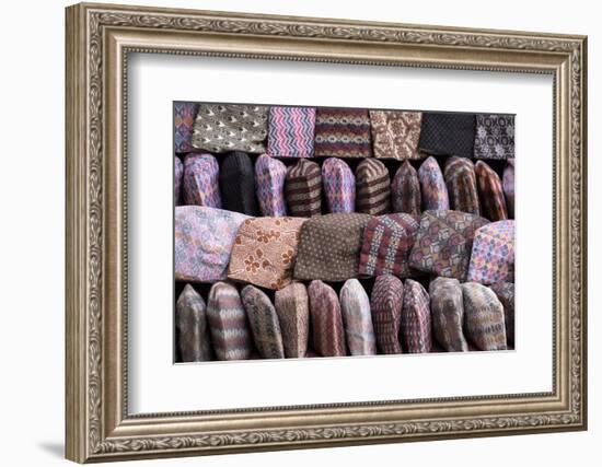 Traditional Nepalese Hats on Sale on a Market Stall in Kathmandu, Nepal, Asia-John Woodworth-Framed Photographic Print