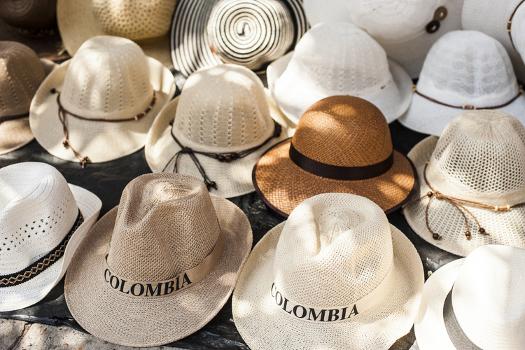 Traditional Panama hats for sale at a street market in Cartagena,  Colombia, South America' Photographic Print - Alex Treadway 