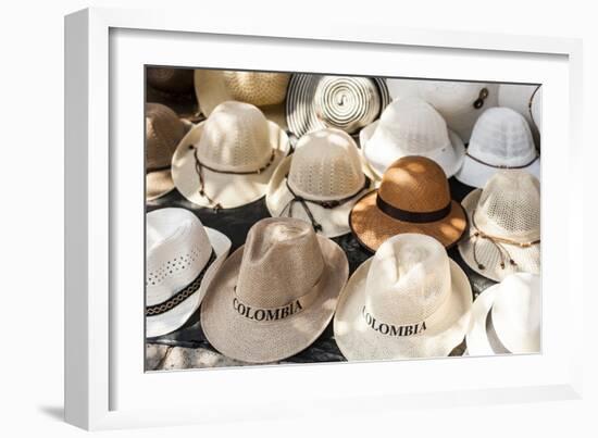 Traditional Panama hats for sale at a street market in Cartagena, Colombia, South America-Alex Treadway-Framed Photographic Print