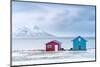 Traditional rorbu cabins overlooking the frozen sea, Troms county, Norway, Scandinavia, Europe-Roberto Moiola-Mounted Photographic Print