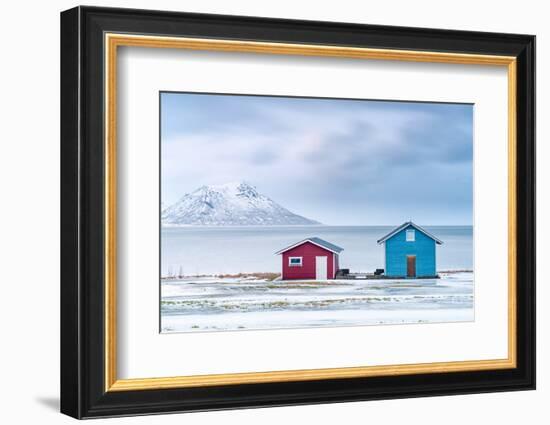 Traditional rorbu cabins overlooking the frozen sea, Troms county, Norway, Scandinavia, Europe-Roberto Moiola-Framed Photographic Print