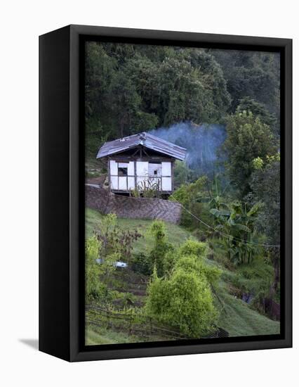 Traditional Small Bhutanese House with Smoke Coming from Roof from Open Fire Inside, Near Trongsa, -Lee Frost-Framed Premier Image Canvas