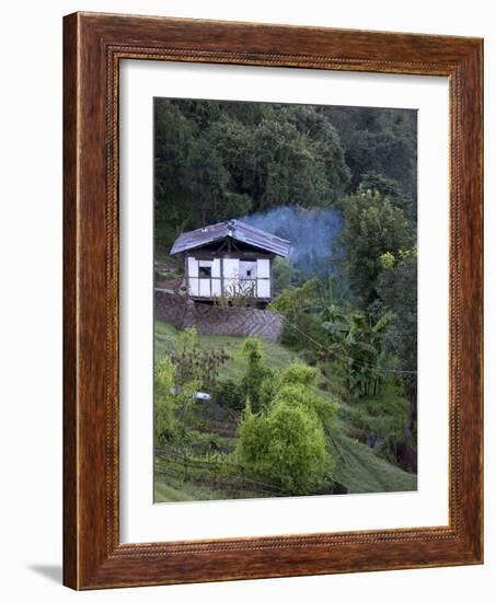 Traditional Small Bhutanese House with Smoke Coming from Roof from Open Fire Inside, Near Trongsa, -Lee Frost-Framed Photographic Print