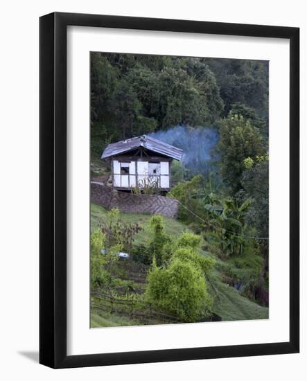 Traditional Small Bhutanese House with Smoke Coming from Roof from Open Fire Inside, Near Trongsa, -Lee Frost-Framed Photographic Print