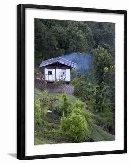 Traditional Small Bhutanese House with Smoke Coming from Roof from Open Fire Inside, Near Trongsa, -Lee Frost-Framed Photographic Print