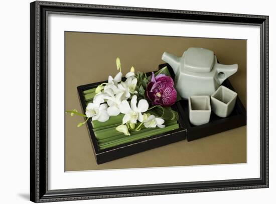 Traditional Thai Tea Pot and Cups with Orchid Arrangement, Bangkok, Thailand-Cindy Miller Hopkins-Framed Photographic Print