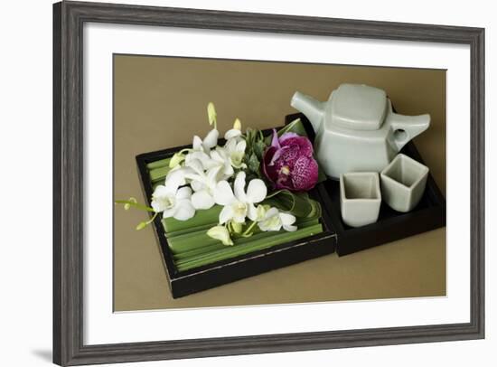 Traditional Thai Tea Pot and Cups with Orchid Arrangement, Bangkok, Thailand-Cindy Miller Hopkins-Framed Photographic Print